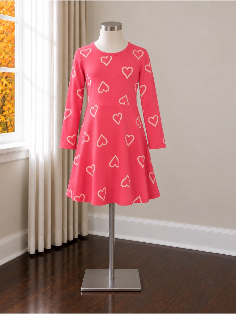 Old Navy Pink Heart Print Long Sleeve Skater Dress